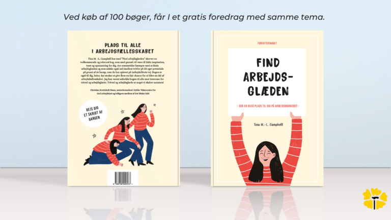 Forside og bagside af bogen find arbejdsglæden, som står på et bord